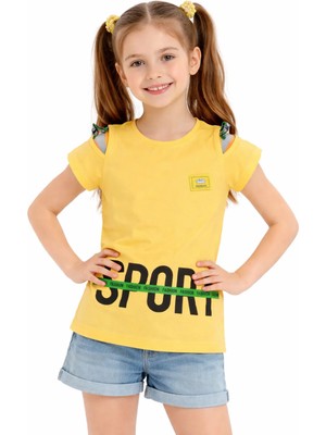 Alg Kız Çocuk Sport Yazı Desenli Omuz Detaylı Sarı Renk Tişört