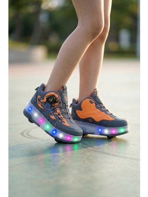 BURUNİ Işıklı Patenli Çocuk Ayakkabı LED Tekerlekli Ortopedik Spor Ayakkabı Fümexturuncu