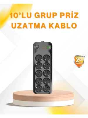 BSH Gülbay Mobilya 10’lu Çoklu Priz Termal Korumalı USB Type-C Çıkışlı 2500W Uzatma Kablosu