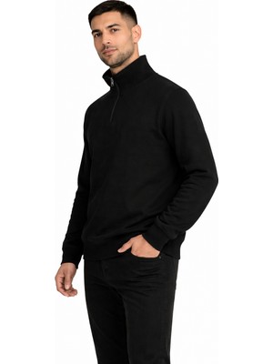 Justas Erkek Siyah Yarım Fermuarlı Sweatshirt Rahat Kalıp Spor & Günlük