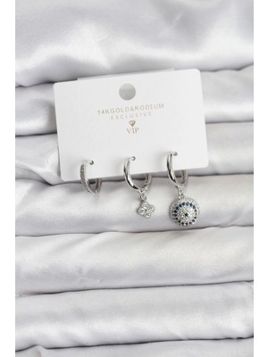 Uravas Store Nazar Model Gümüş Renk Pirinç 3'lü Kadın Küpe Seti