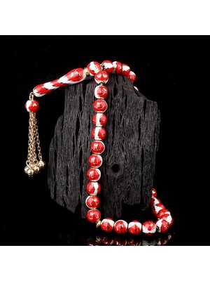 İskender Tesbih Kırmızı Beyaz Üç Hilal Işlemeli Altın Tesbih