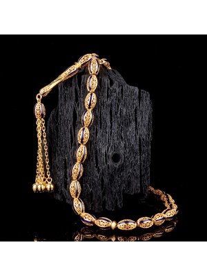 İskender Tesbih Arpa Kesim Lacivert Mineli Telkari Altın Tesbih