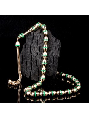 İskender Tesbih Yeşil Mine Işlemeli Altın Tesbih