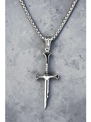 Ak Store Silver Erkek, Narsil Gücün Efendisi Aragon Kılıcı Kırık Kılıç Figürlü K-101 Paslanmaz Kromix Çelik Gümüş Kaplama Kolye Madalyon