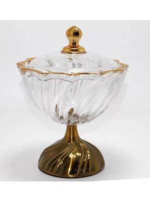 Uravas Store Metal Ayaklı Kristal Cam Şekerlik Gold Detaylı Sunumluk