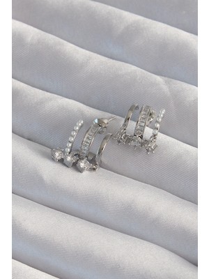 Uravas Store Pirinç Gümüş Renk Incili Çoklu Zirkon Taşlı Yarım Halka Küpe