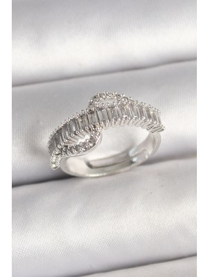 Uravas Store Pirinç Gümüş Renk Su Yolu Zirkon Taşlı Ayarlanabilir Model Kadın Yüzük