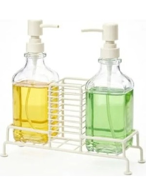 Esranın Dünyası 2'li Şık Kare Cam Sabunluk Seti | 500 ml x 2 | Ferforje Metal Stand | Mutfak ve Banyo Düzenleyici