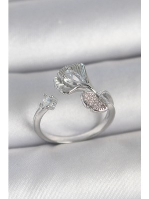 Uravas Store Pirinç Gümüş Renk Zirkon Taşlı Deniz Kabuğu Model Ayarlanabilir Kadın Yüzük