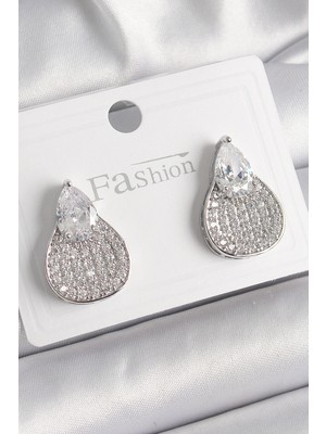 Uravas Store Pirinç Gümüş Renk Zirkon Taşlı Damla Model Kadın Küpe