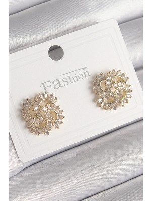 Uravas Store Pirinç Gold Renk Zirkon Taşlı Yonca Model Kadın Küpe