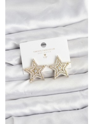 Uravas Store Gold Renk Pirinç Zirkon Taşlı Yıldız Model Kadın Küpe