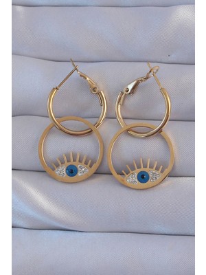 Uravas Store Çelik Gold Renk Zirkon Taşlı Göz Tasarımlı Halka Küpe