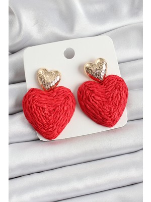 Uravas Store Kırmızı Figürlü Hasır Örgü Model Gold Renk Kadın Küpe