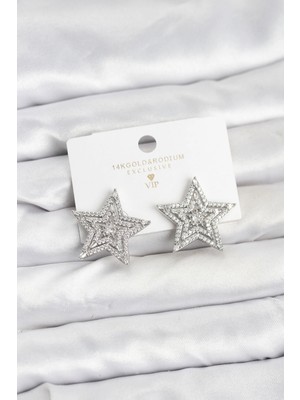 Uravas Store Gümüş Renk Pirinç Zirkon Taşlı Yıldız Model Kadın Küpe