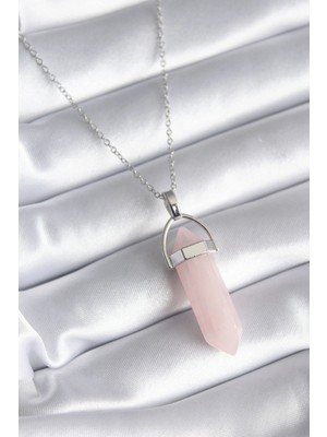 Uravas Store Çelik Gümüş Renk Pembe Taşlı Kadın Kolye