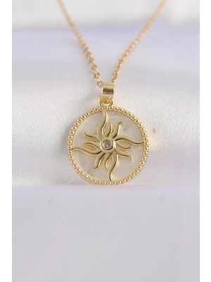 Uravas Store Çelik Zincir Altın Renk Zirkon Taşlı Oval Tasarım Güneş Kolye