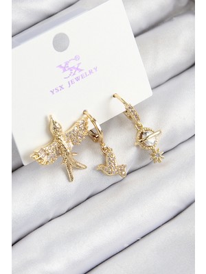 Uravas Store Pirinç Zirkon Taşlı 3'lü Kuş Model Gold Renk Kadın Küpe