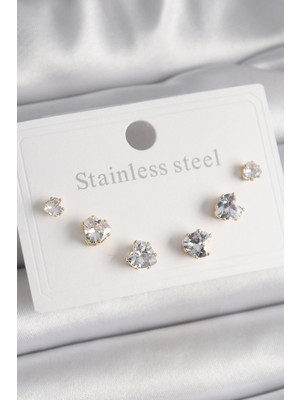 Uravas Store Çelik Gold Renk Zirkon Taşlı Model Kadın Küpe Seti