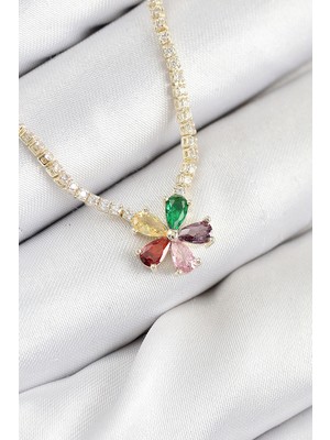 Uravas Store Pirinç Zirkon Taşlı Su Yolu Asorti Çiçek Model Gold Renk Kadın Kolye