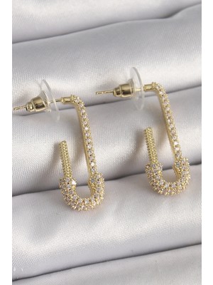 Uravas Store Pirinç Gold Renk Zirkon Taşlı Çengelli Iğne Model Kadın Küpe