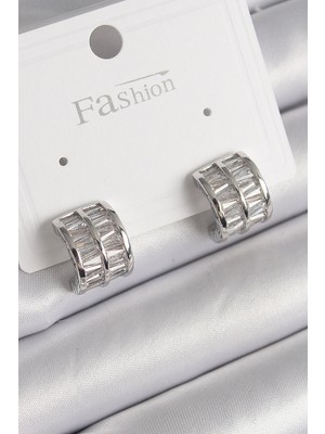 Uravas Store Pirinç Gümüş Renk Çift Sıra Zirkon Taşlı Kadın Küpe