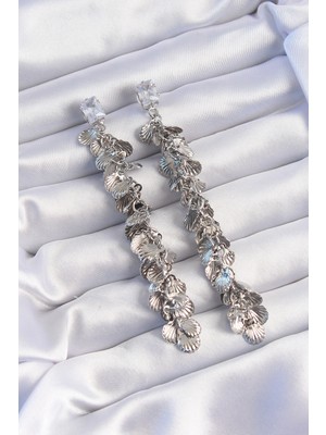 Uravas Store Pirinç Gümüş Renk Zirkon Taşlı Deniz Kabuklu Sallantılı Küpe