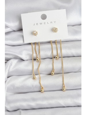 Uravas Store Topçuk Model Gold Renk Pirinç Sallantılı Kadın Küpe Seti