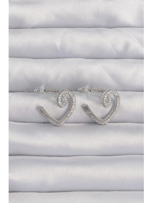 Uravas Store Pirinç Gümüş Renk Zirkon Taşlı Kıvrımlı Yarım Küpe