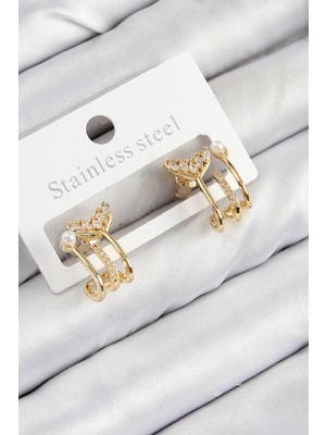 Uravas Store Pirinç Zirkon Taşlı Inci Detaylı Balık Kuyruğu Model Gold Renk Kadın Küpe