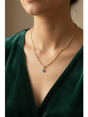 Atalya Accessory Hasır Burgu Zincir Mineli Nazar Gözü Gold Kadın Çelik Kolye