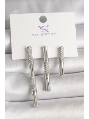 Uravas Store Pirinç Gümüş Renk Zirkon Taşlı Bambu Model 3'lü Kadın Kombin Küpe