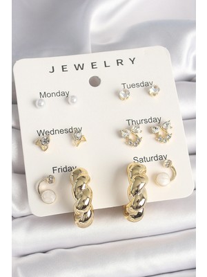 Uravas Store Pirinç Gold Renk Zirkon Taşlı Sarmal Halka Model 7'li Kadın Küpe Seti