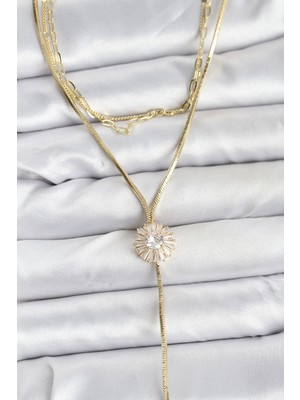 Uravas Store Pirinç Gold Renk Zirkon Taşlı Papatya Model Detaylı 3'lü Kombin Y Kadın Kolye