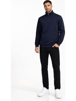 Justas Erkek Şardonlu Lacivert Yarım Fermuarlı Sweatshirt Rahat Kalıp Spor & Günlük
