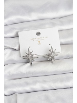 Uravas Store Gümüş Renk Pirinç Çift Taraflı Kutup Yıldızı Kadın Küpe