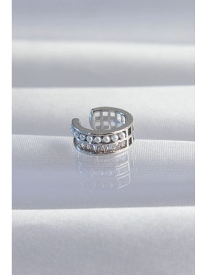 Uravas Store Pirinç Gümüş Renk Incili Baget Taşlı Earcuff Küpe