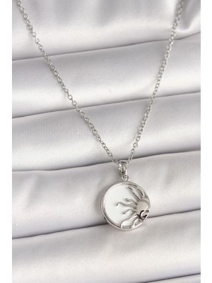 Uravas Store Çelik Gümüş Renk Zincir Beyaz Mineli Gün Batımı Model Kadın Kolye