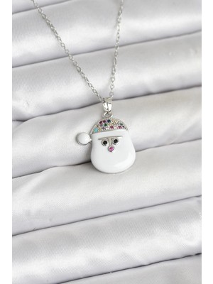 Uravas Store Çelik Zincir Gümüş Renk Şapkalı Kardan Adam Kafası Model Yılbaşı Temalı Kadın Kolye