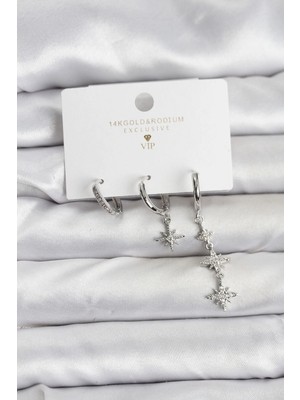 Uravas Store Kutup Yıldızı Model Gümüş Renk Pirinç 3'lü Kadın Küpe Seti