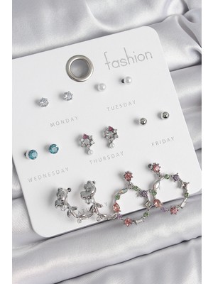 Uravas Store Pirinç Gümüş Renk Zirkon Taşlı Gül Figür Halka Model 7 Çift Kadın Küpe Seti