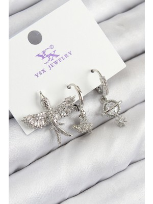 Uravas Store Pirinç Zirkon Taşlı 3'lü Kuş Model Gümüş Renk Kadın Küpe