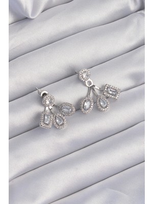 Uravas Store Pirinç Gümüş Renk Zirkon Taşlı Geometrik Model Küpe