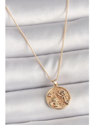 Uravas Store Pirinç Gold Renk Zirkon Taş Detaylı Gül Işleme Madalyon Model Kadın Kolye
