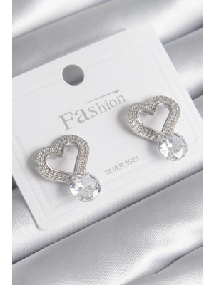 Uravas Store Pirinç Gümüş Renk Zirkon Taşlı Model Damla Zirkon Taş Detay Kadın Küpe