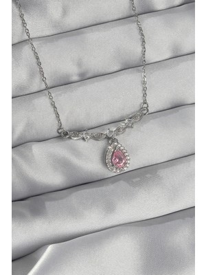 Uravas Store Çelik Gümüş Renk Pembe Zirkon Taşlı Damla Kolye