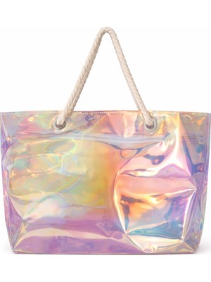 Kadın Hologram- Su Geçirmez -Fermuarlı -Şeffaf Plaj Çantası- 45*35 Cm- Kol ve Omuz Çantası