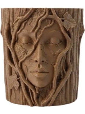 Terrien 3D Doğal Ahşap Görünümlü Yüz Detaylı Dekoratif Vazo Sanat Tasarım