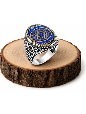 Siset Gümüş 925 Ayar Sertifikalı Lacivert Mine  Üzerine Süleyman Mührü  Erkek  Gümüş Yüzük